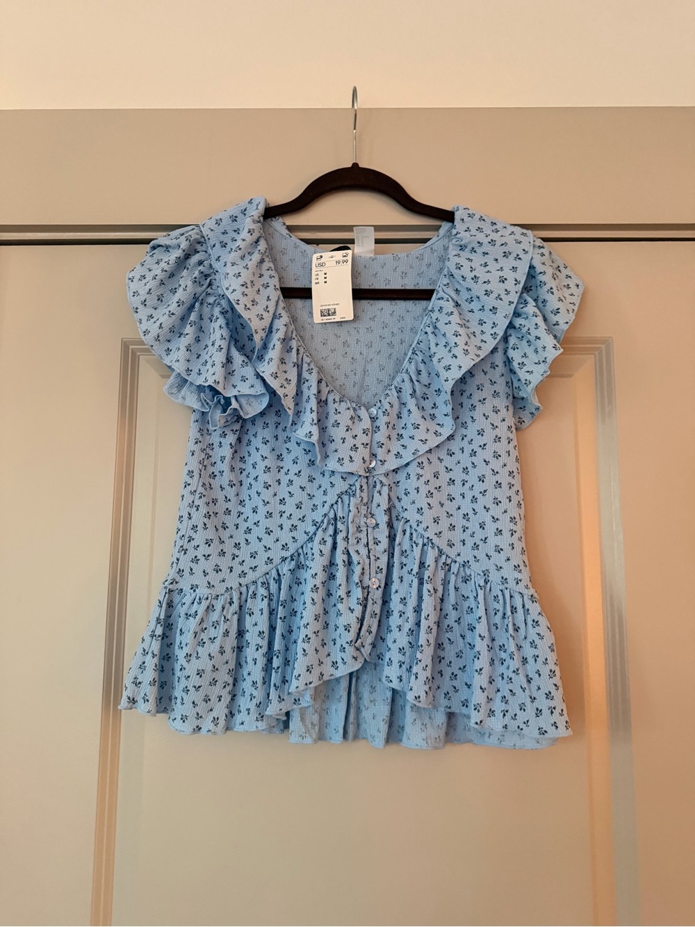 H&M Light Blue Floral Ruffle-Trim Button Blouse